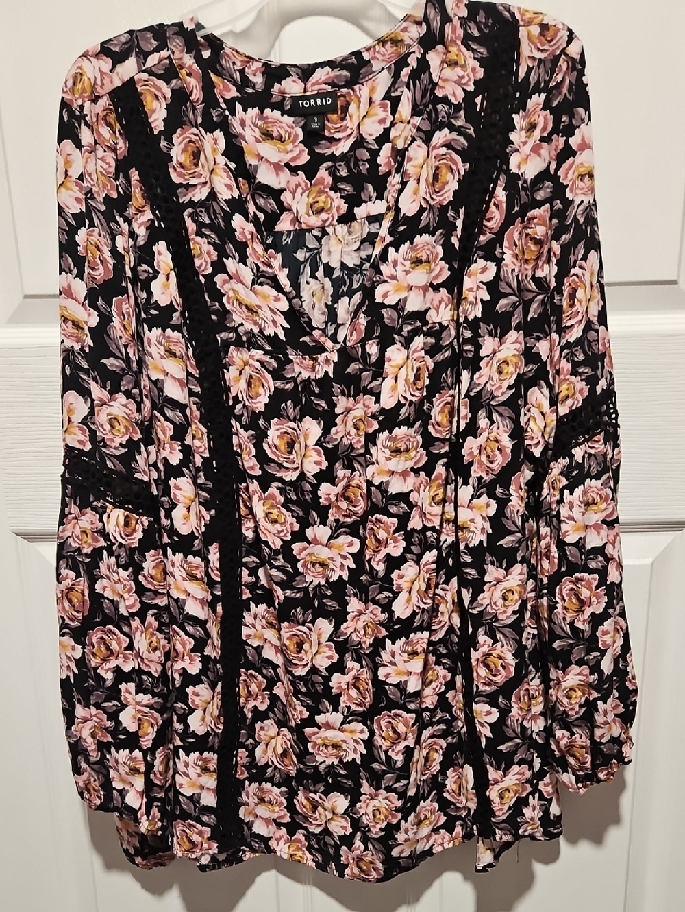 torrid Black Floral Lace-Trim Blouse with Pink Roses